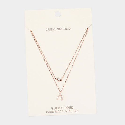 Gold Dipped Cubic Zirconia CZ Wishbone Pendant Necklace