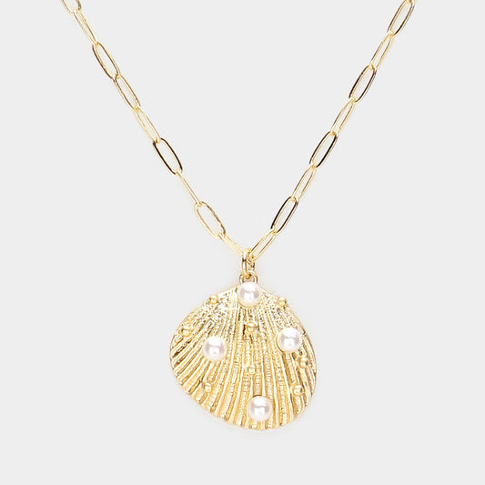 Pearl Pointed Shell Pendant Paperclip Chain Necklace