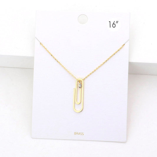 Brass Metal Paperclip Round Stone Pendant Necklace