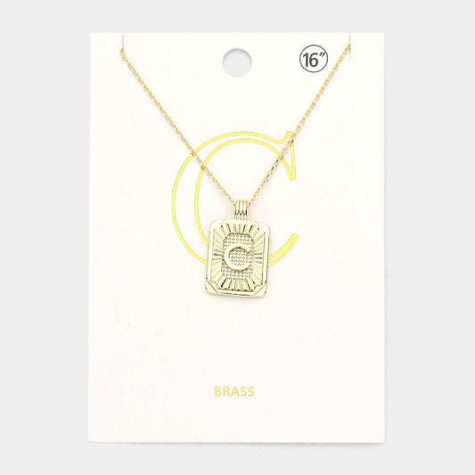 -C- Brass Metal Rectangle Initial Monogram Pendant Necklace