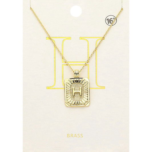 -H- Brass Metal Rectangle Initial Monogram Pendant Necklace