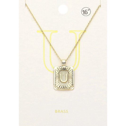 -U- Brass Metal Rectangle Initial Monogram Pendant Necklace