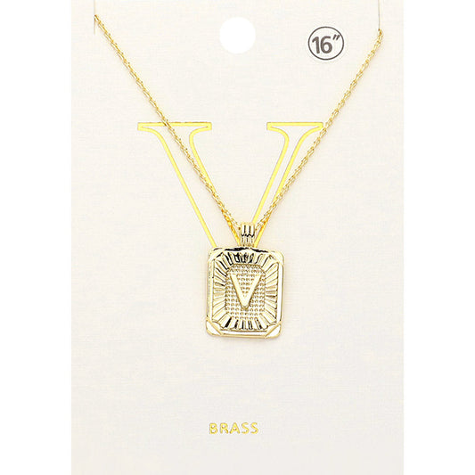 -V- Brass Metal Rectangle Initial Monogram Pendant Necklace