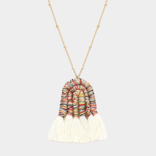 Thread Wrapped Pointed Tassel Pendant Long Necklace