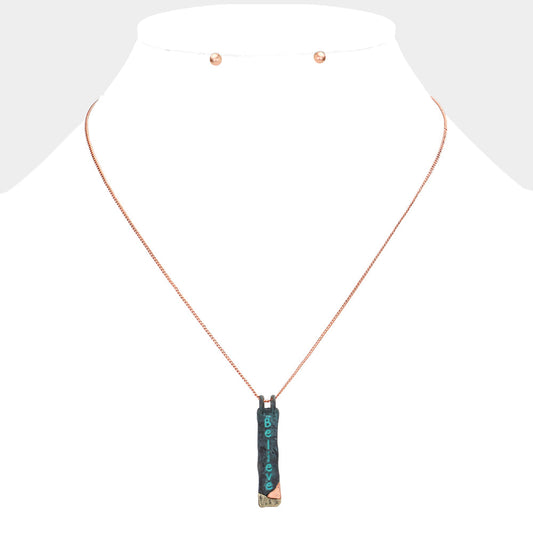 "Believe" Hammered Metal Bar Pendant Necklace