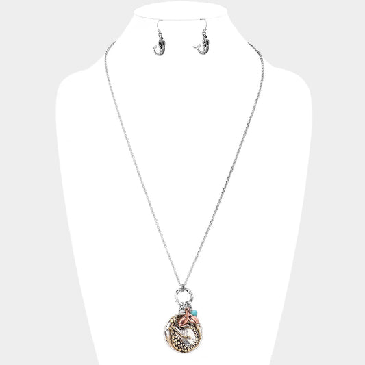 Metal Mermaid Round Pendant Whale Tail Charm Necklace