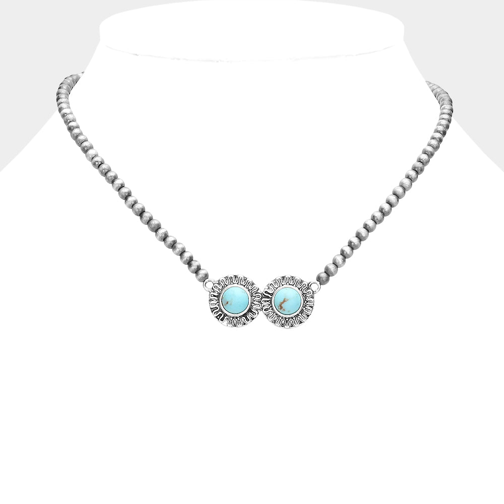 Double Round Turquoise Accented Antique Metal Pendant Necklace