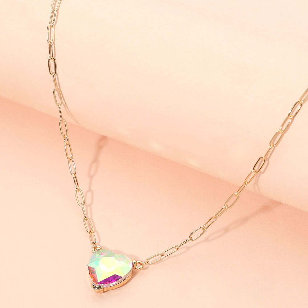 Heart Stone Pendant Paperclip Chain Necklace