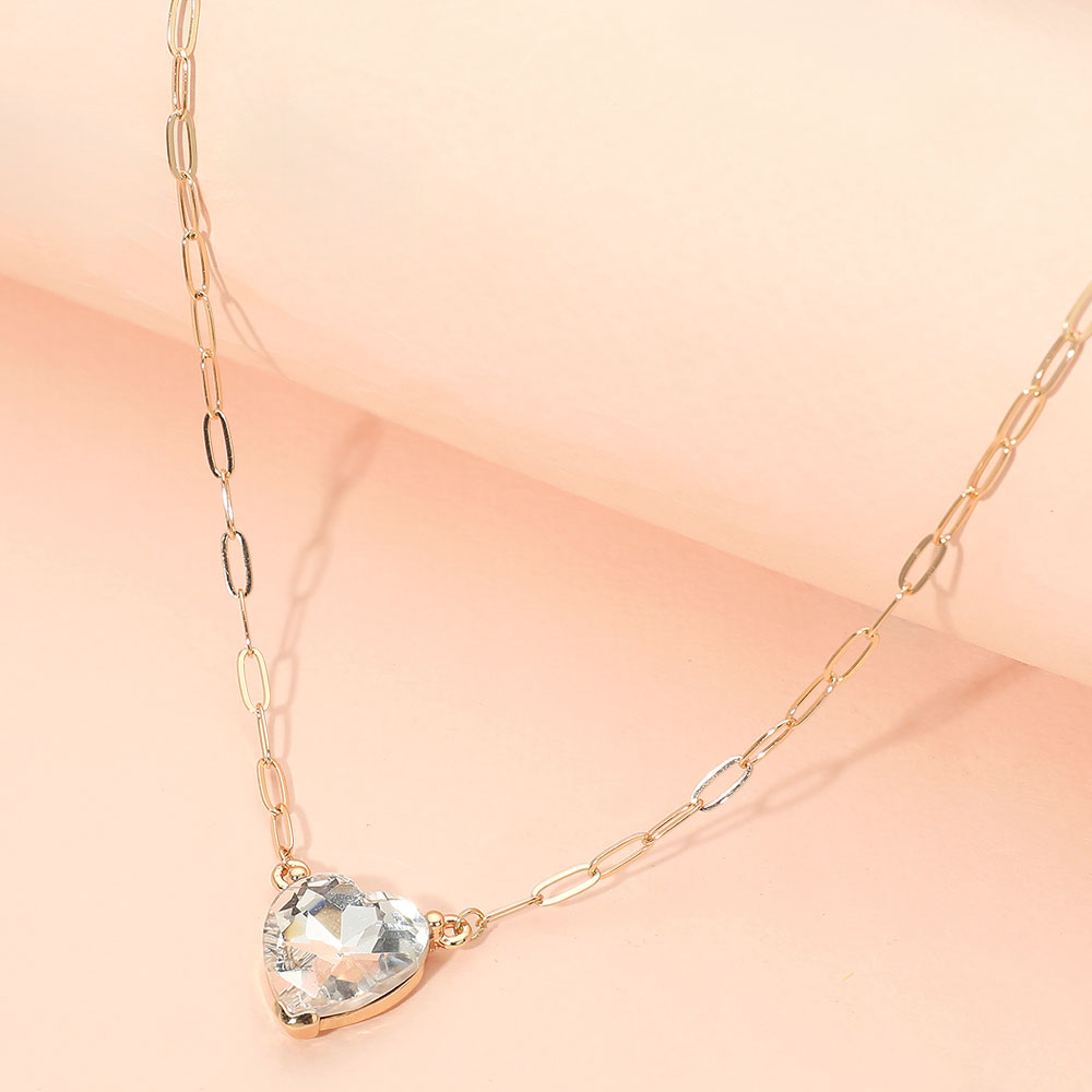 Heart Stone Pendant Paperclip Chain Necklace