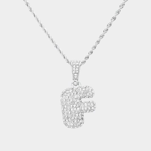 -F- Rhinestone Initial Monogram Pendant Brass Chain Necklace
