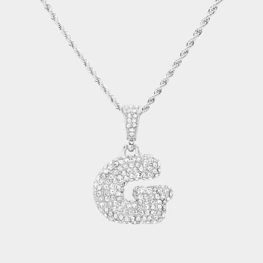 -G- Rhinestone Initial Monogram Pendant Brass Chain Necklace