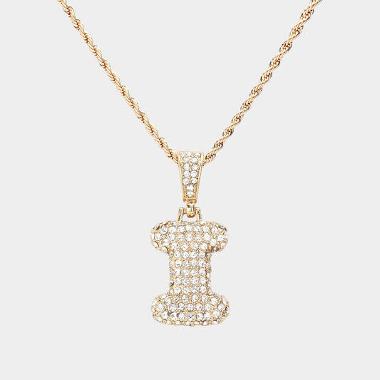 -I- Rhinestone Initial Monogram Pendant Brass Chain Necklace