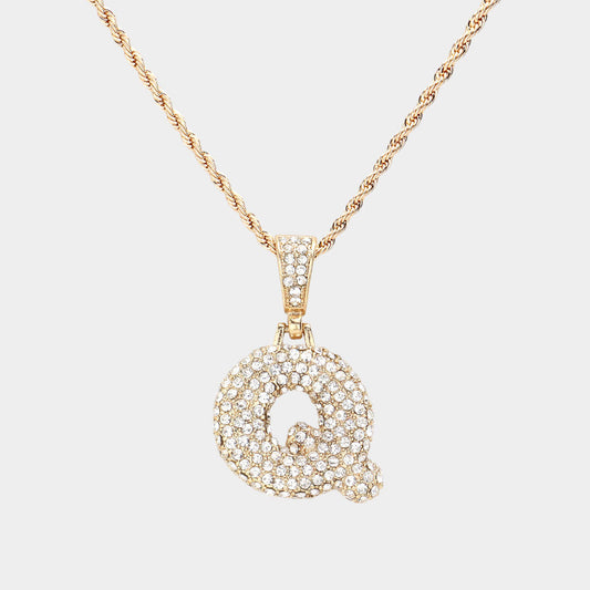 -Q- Rhinestone Initial Monogram Pendant Brass Chain Necklace