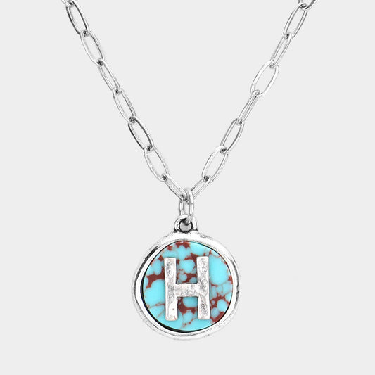 -H- Initial Monogram Turquoise Pendant Necklace