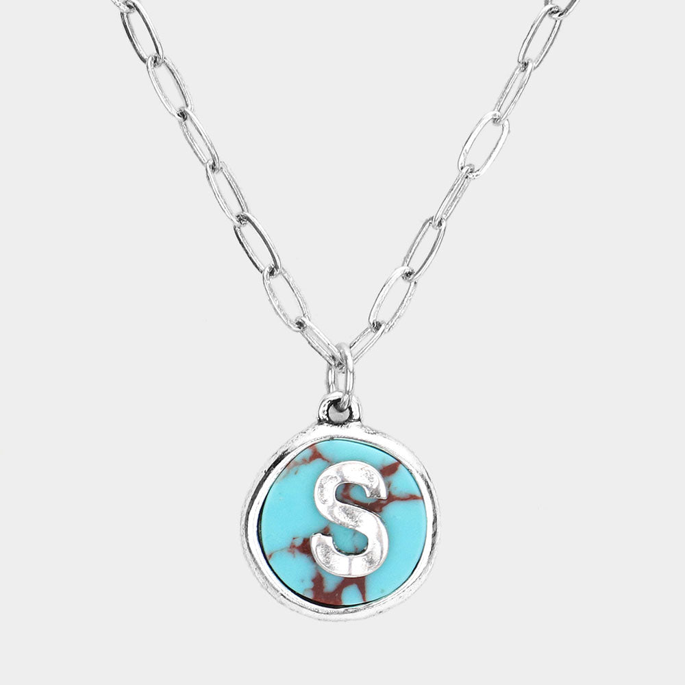 -S- Initial Monogram Turquoise Pendant Necklace