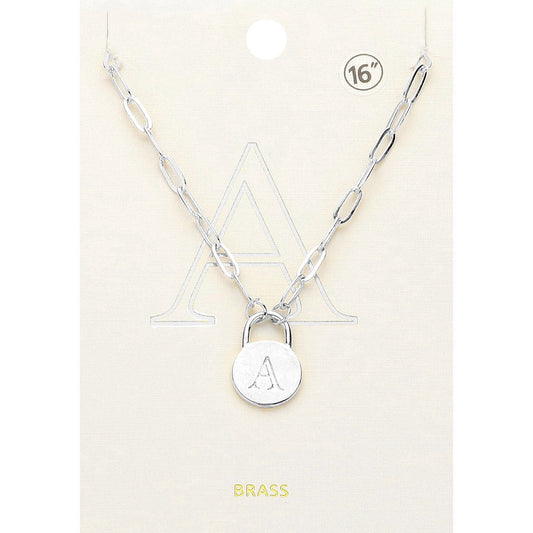 -A- Brass Metal Initial Monogram Lock Pendant Necklace