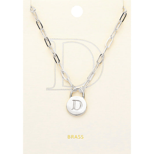 -D- Brass Metal Initial Monogram Lock Pendant Necklace