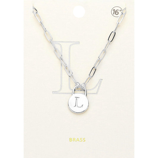 -L- Brass Metal Initial Monogram Lock Pendant Necklace