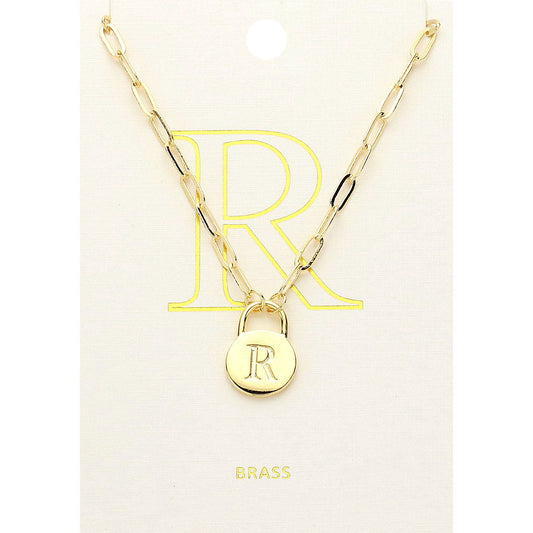 -R- Brass Metal Initial Monogram Lock Pendant Necklace
