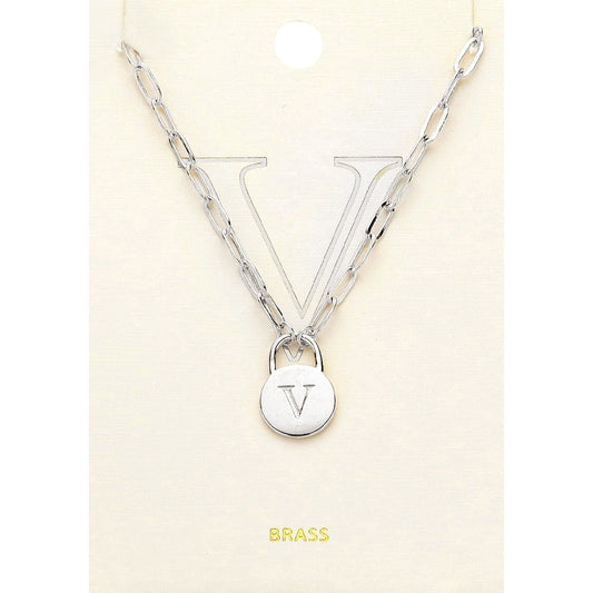-V- Brass Metal Initial Monogram Lock Pendant Necklace