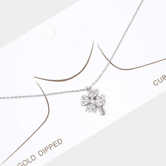 White Gold Dipped Rhinestone Embellished Clover Pendant Necklace