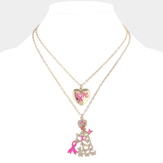 2PCS - Hope Message Heart Pink Ribbon Afrowoman Pendant Necklaces