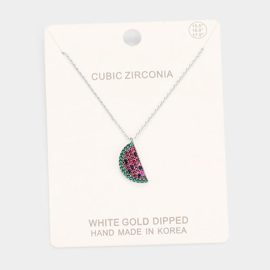 White Gold Dipped CZ Watermelon Pendant Necklace