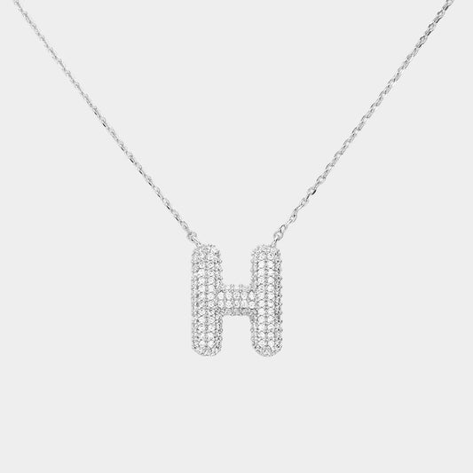 -H- White Gold Dipped CZ Initial Monogram Pendant Necklace