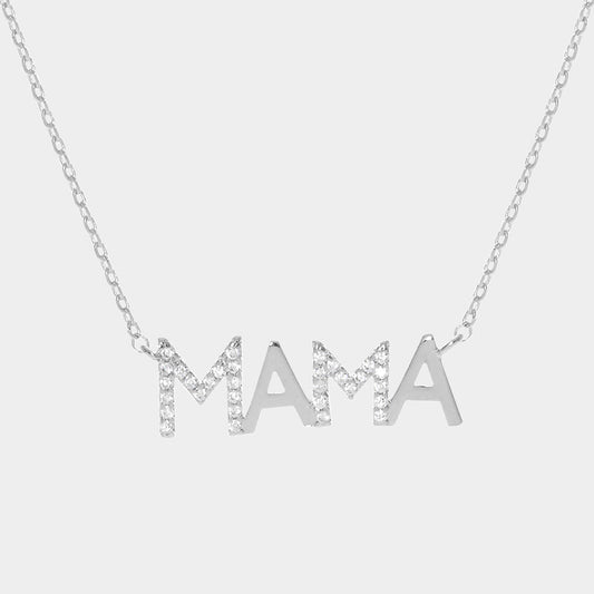 White Gold Dipped CZ Mama Metal Message Pendant Necklace