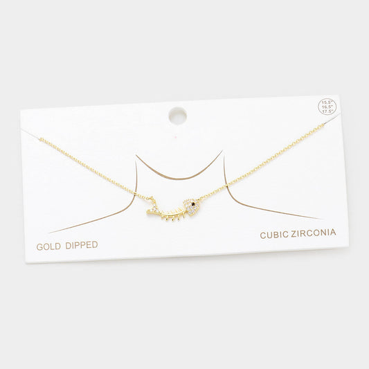 Gold Dipped CZ Fishbone Pendant Necklace