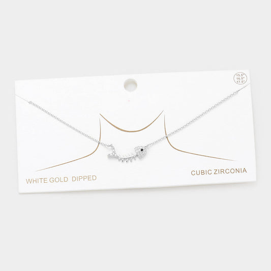 White Gold Dipped CZ Fishbone Pendant Necklace