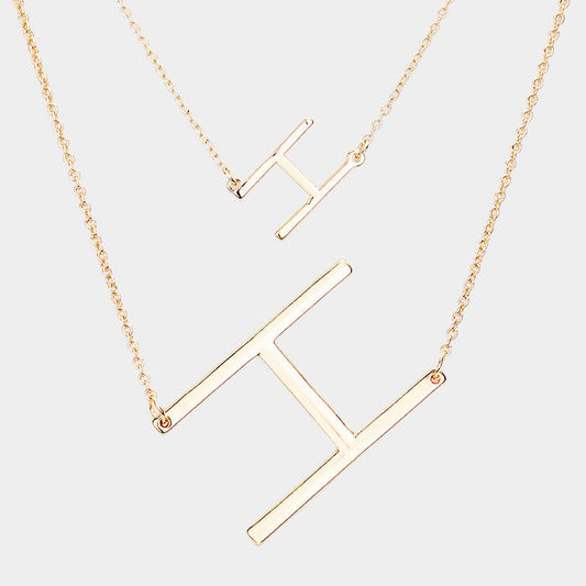 -H- Initial Monogram 2Row Strand Double Detachable Chain Necklace