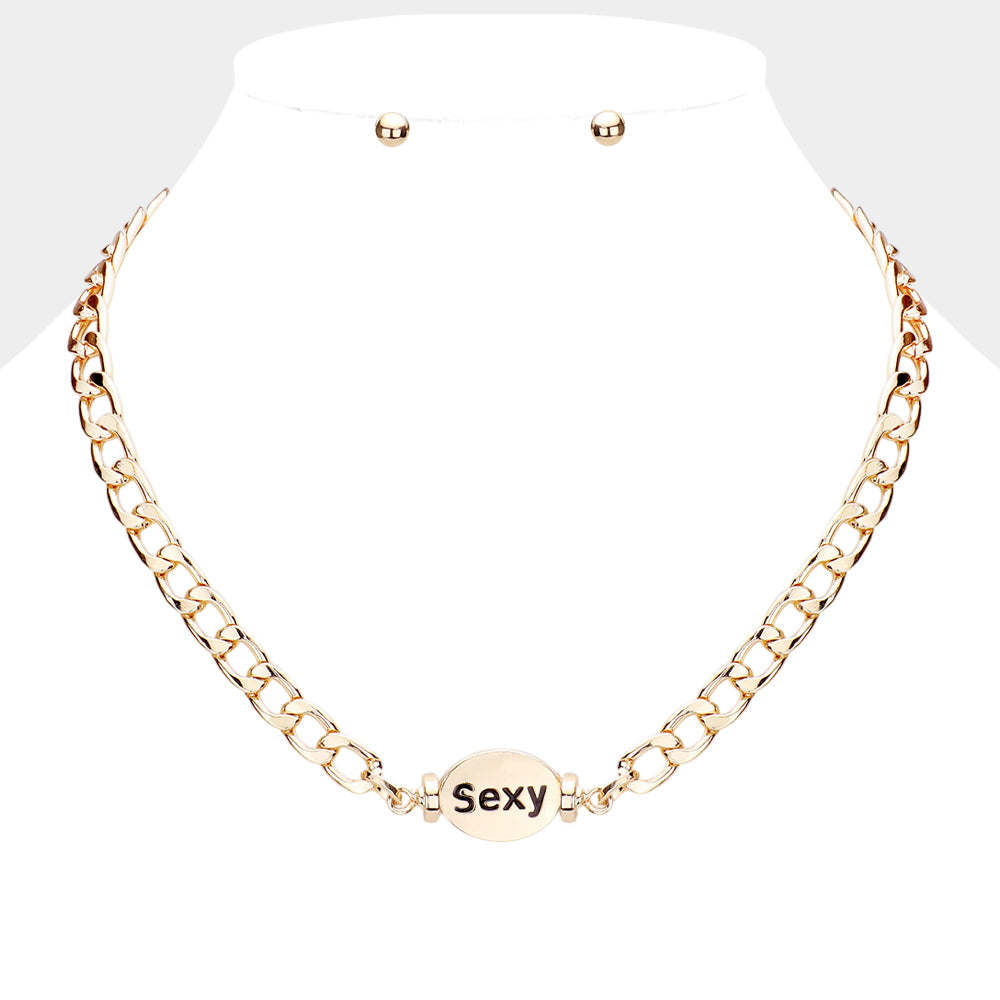 SEXY Metal Oval Message Pendant Necklace