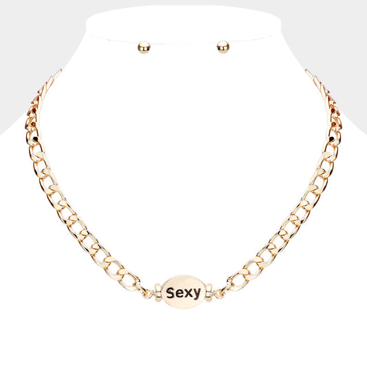 SEXY Metal Oval Message Pendant Necklace