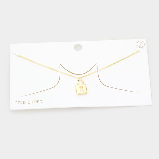 Gold Dipped Metal Lock Pendant Necklace