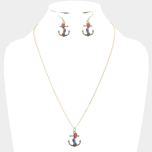 Mermaid Printed Anchor Pendant Necklace