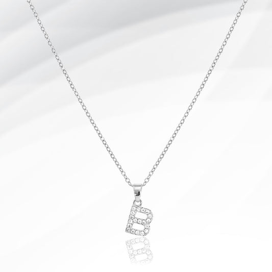 -B- Stainless Steel CZ Stone Paved Initial Monogram Pendant Necklace