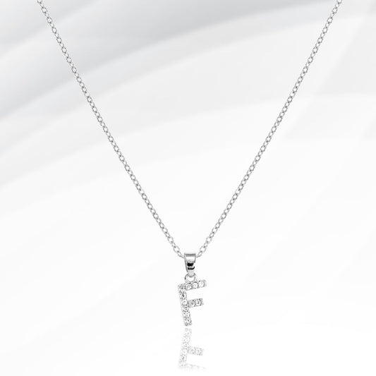 -F- Stainless Steel CZ Stone Paved Initial Monogram Pendant Necklace