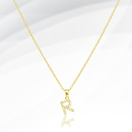 -R- Stainless Steel CZ Stone Paved Initial Monogram Pendant Necklace