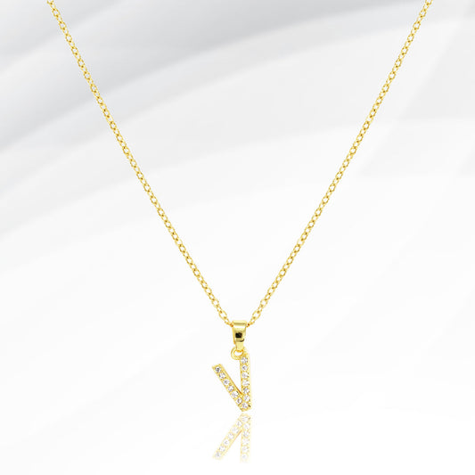 -V- Stainless Steel CZ Stone Paved Initial Monogram Pendant Necklace