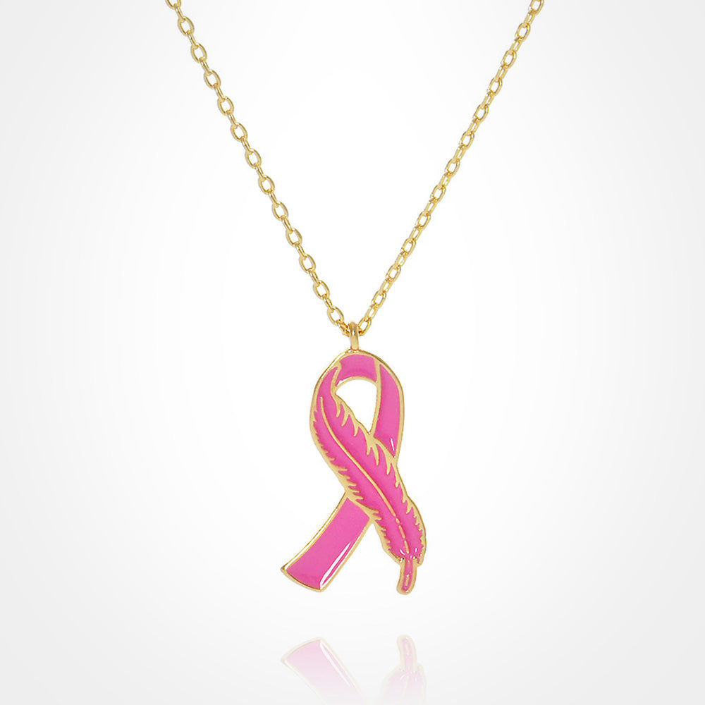 Gold Dipped Enamel Feather Detailed Pink Ribbon Pendant Necklace