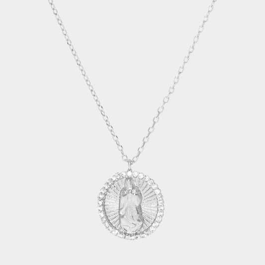 White Gold Dipped CZ Trimmed Virgin Mary Metal Round Pendant Necklace