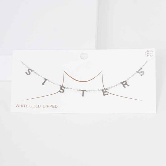 SISTERS White Gold Dipped Metal Message Pendant Station Necklace