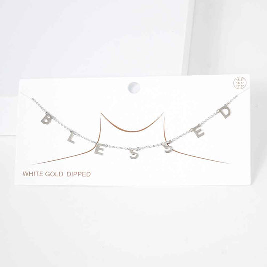 BLESSED White Gold Dipped Metal Message Pendant Station Necklace