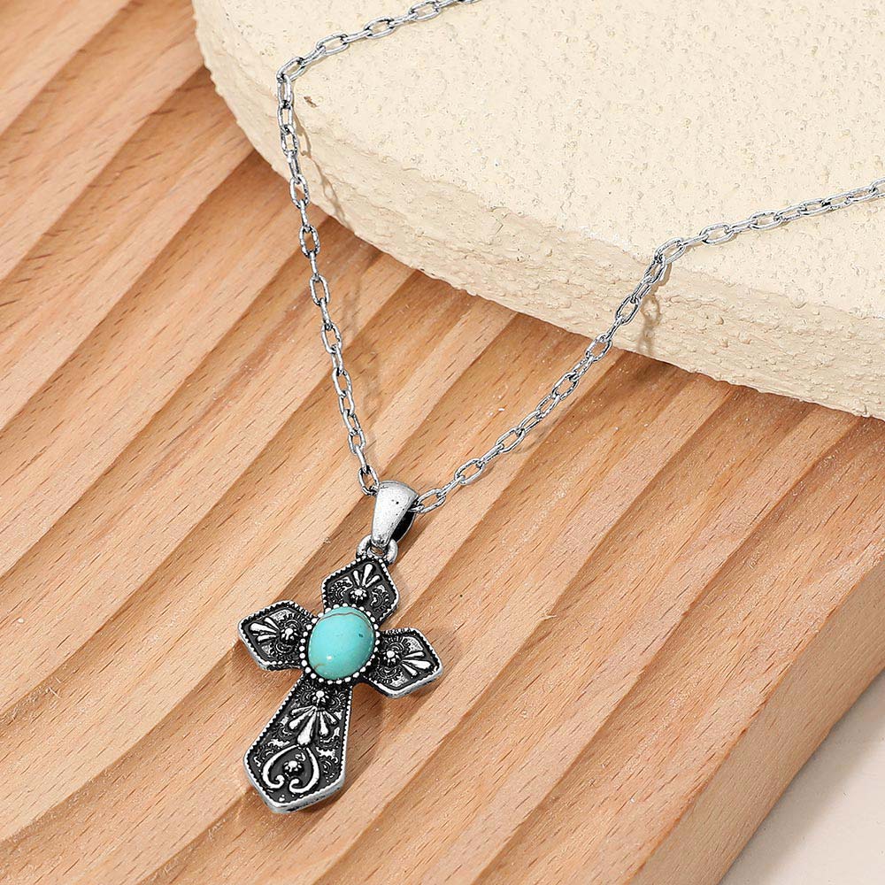 Oval Turquoise Stone Accent Ornate Cross Pendant Necklace