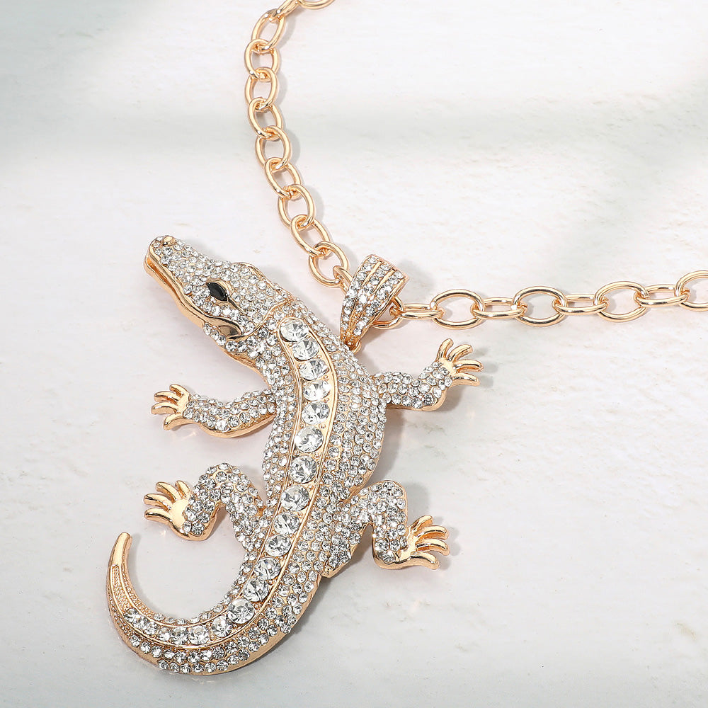 Bold Bling Studded Alligator Pendant Chunky Chain Statement Necklace