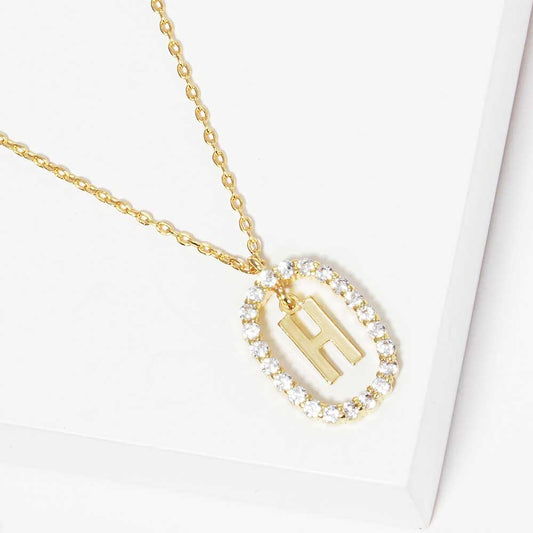-H- Gold Dipped Metal Initial Monogram Rhinestone Oval Link Pendant Necklace