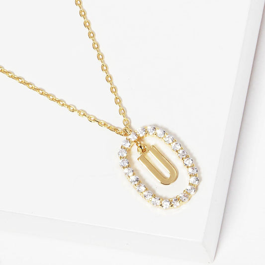-U- Gold Dipped Metal Initial Monogram Rhinestone Oval Link Pendant Necklace