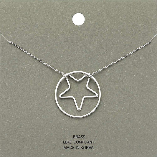 Brass Metal Open Circle Star Pendant Necklace