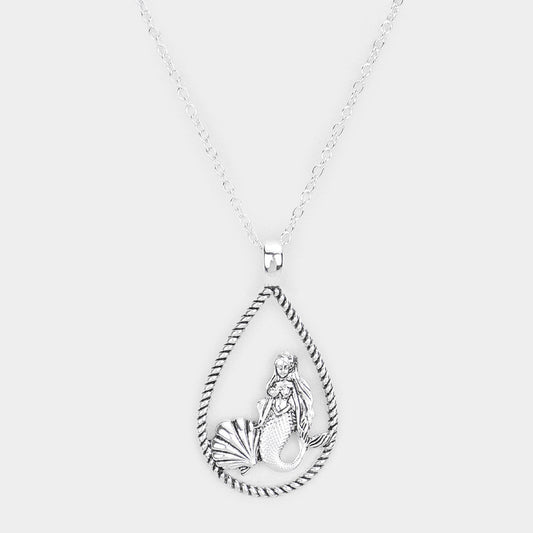 Mermaid Shell Accented Open Teardrop Pendant Necklace